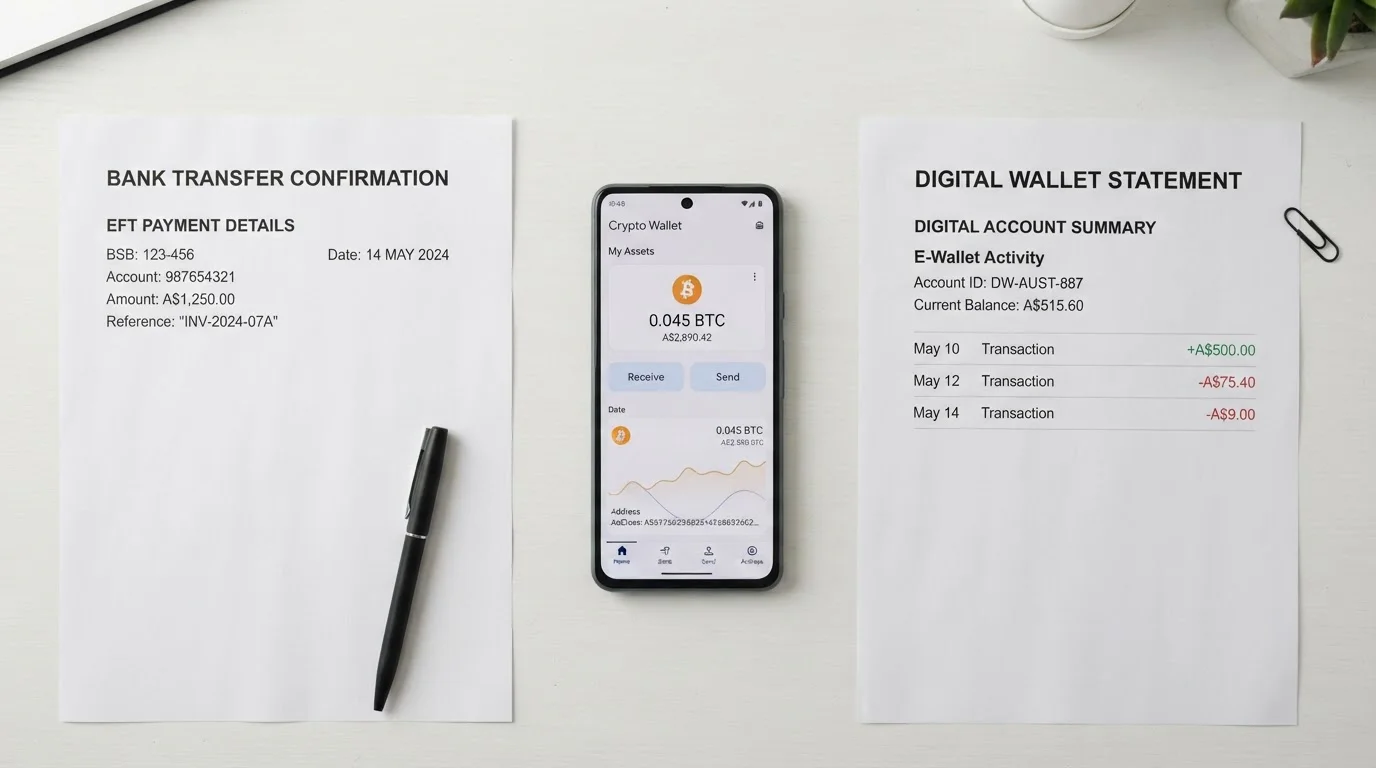 Bank transfer document next to cryptocurrency wallet and e-wallet app icons