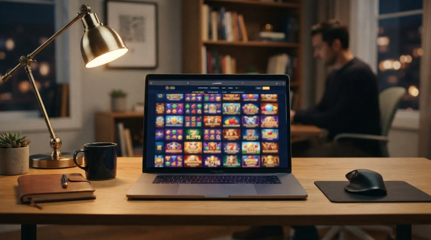 Laptop showing Playfina casino game library with 11000 plus titles
