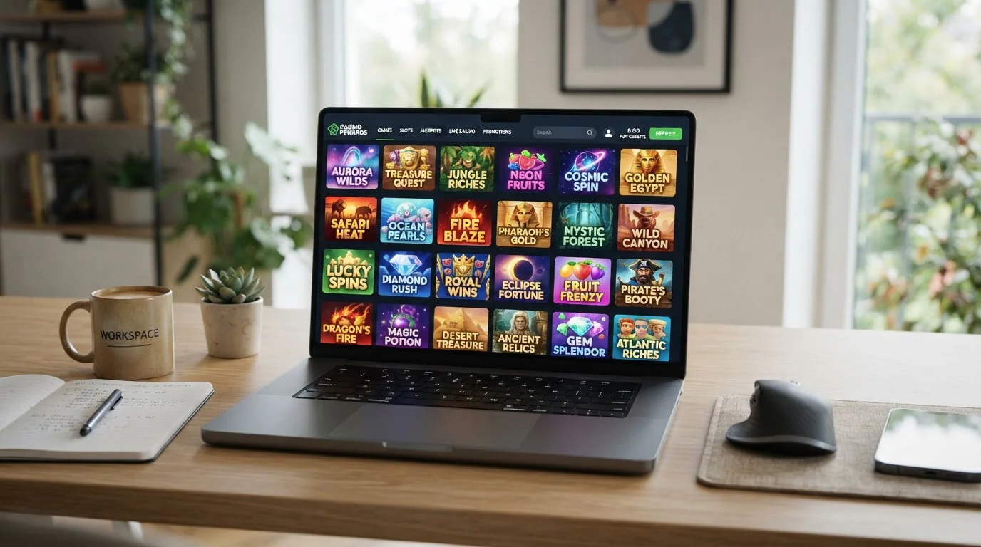 Laptop screen showing casino game lobby with multiple pokie titles