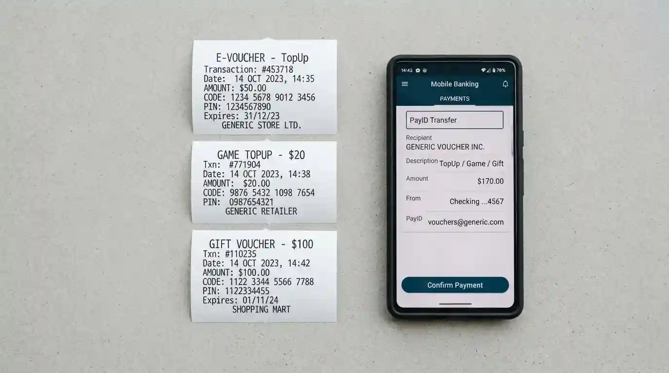 Side-by-side comparison of prepaid voucher codes and digital wallet interfaces