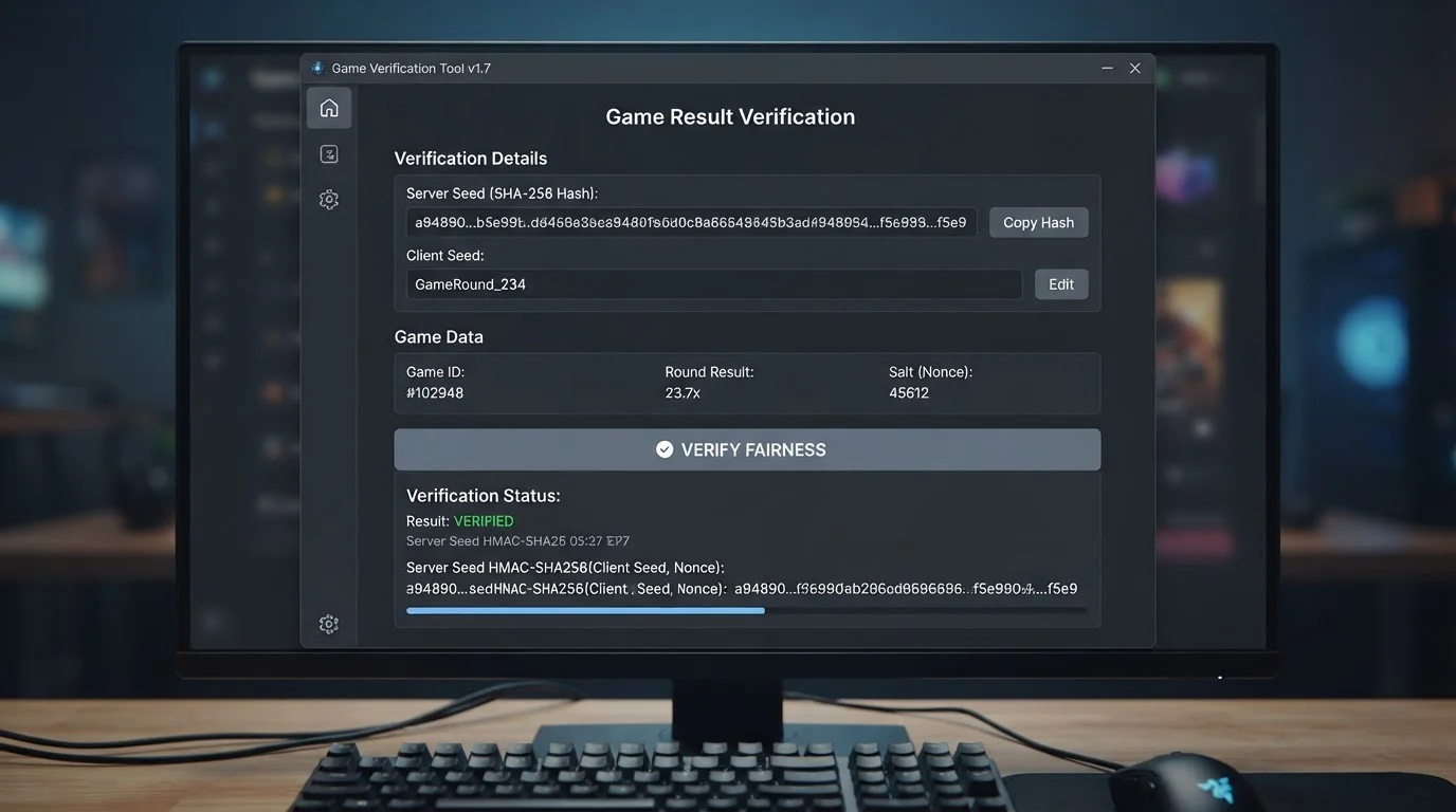 Provably fair game interface showing server seed and hash verification