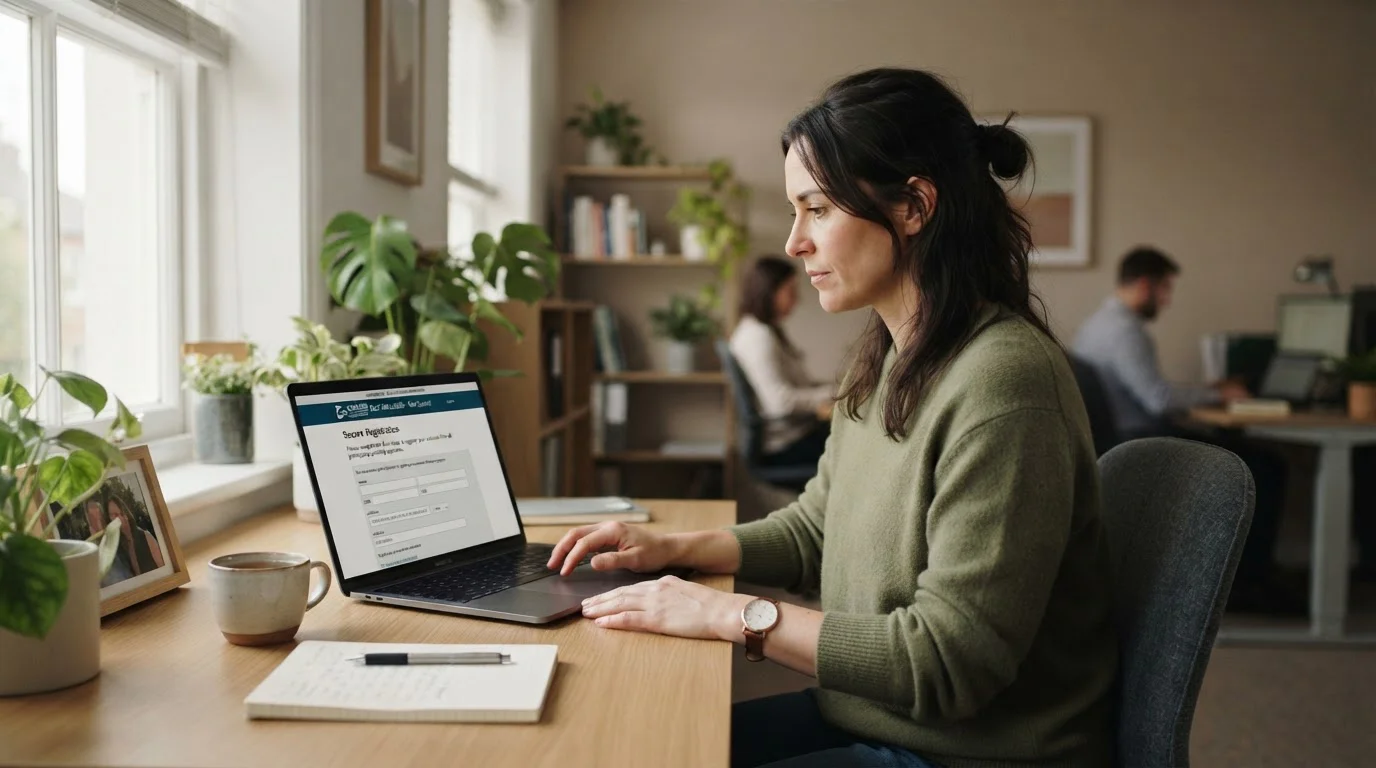 Person at desk viewing BetStop self-exclusion registration page on laptop in calm office setting