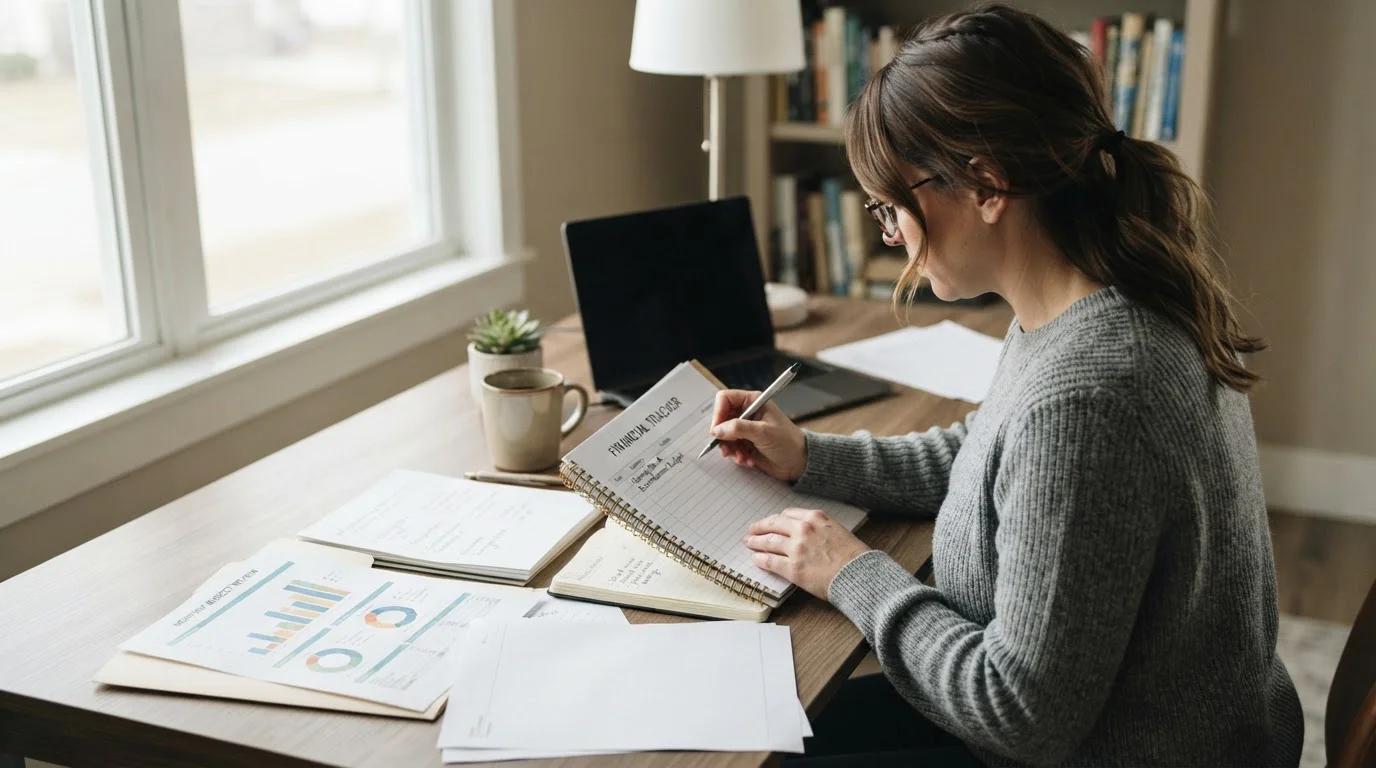 Person reviewing gambling expenses with notebook and calculator alternative