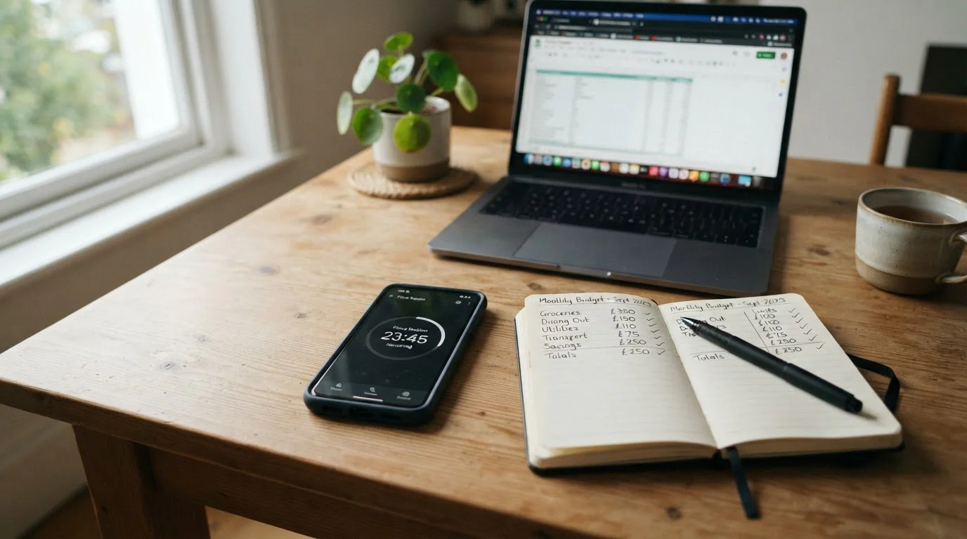 Phone timer and budgeting notebook on desk beside laptop