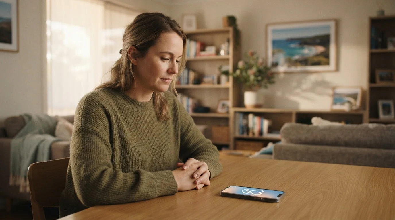 Person at desk with smartphone showing helpline number for gambling support