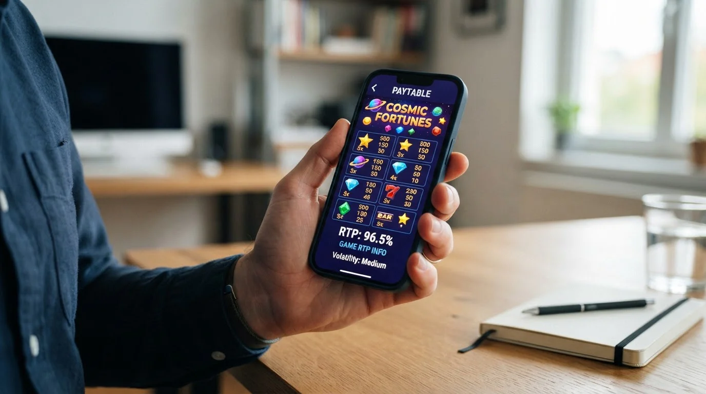 Smartphone screen displaying slot game paytable with RTP percentage information