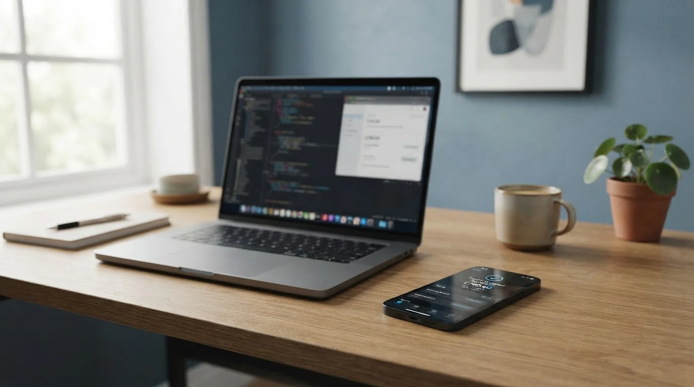 Smartphone displaying instant transfer notification beside laptop on modern desk