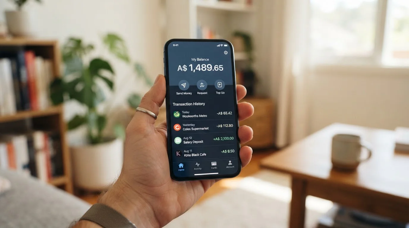 Mobile phone showing Skrill wallet interface with Australian dollars