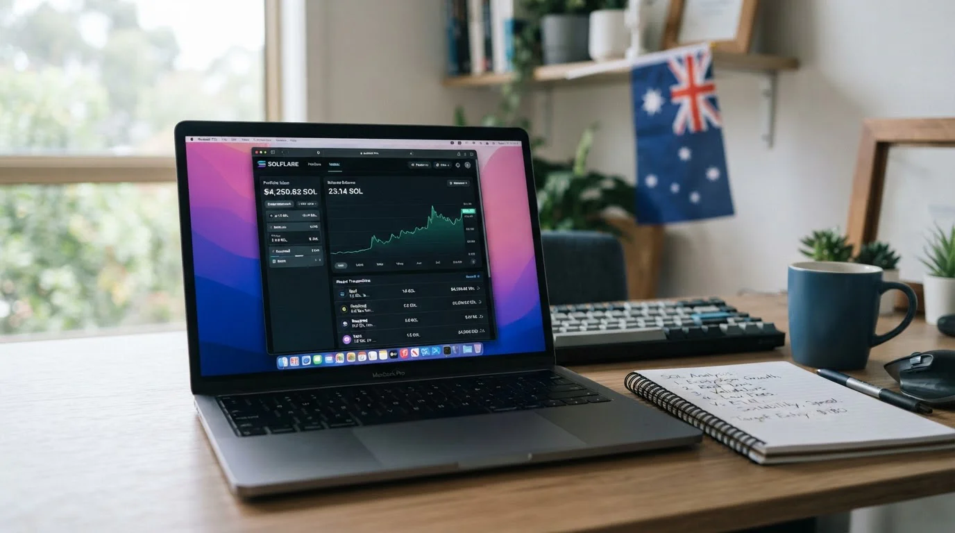 Modern workspace with Solana cryptocurrency wallet and Australian casino comparison on laptop screen