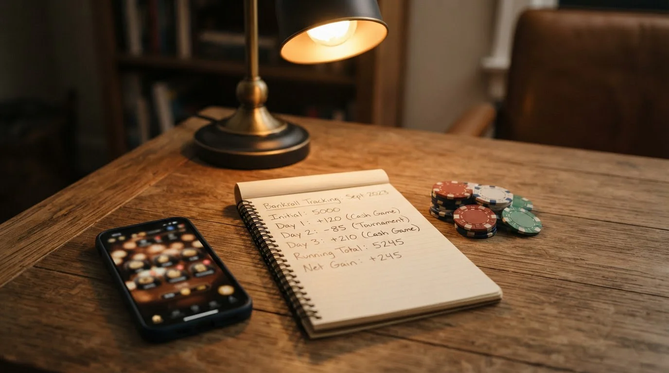 Calculator showing bankroll calculations with poker chips and mobile casino interface