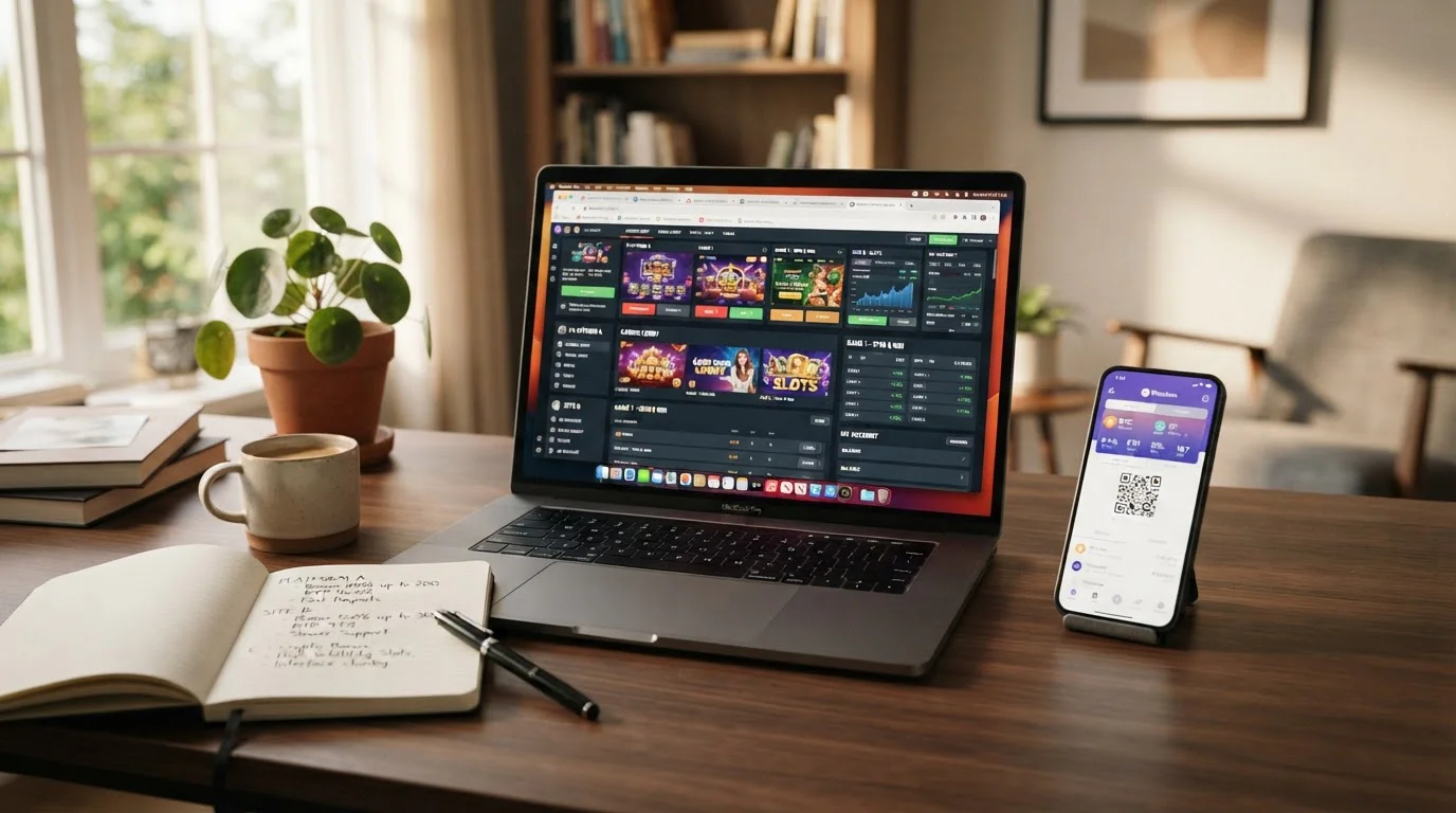 Modern desk with laptop displaying multiple Solana casino interfaces side by side