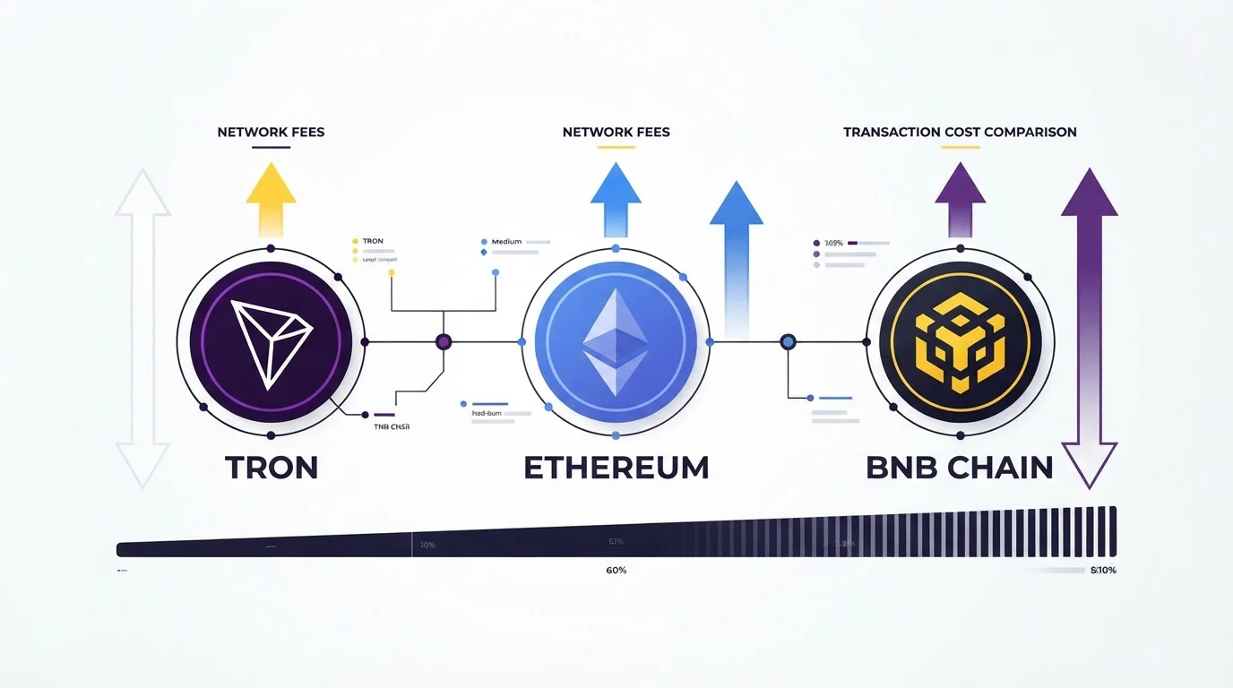 Three blockchain network icons with fee comparison labels