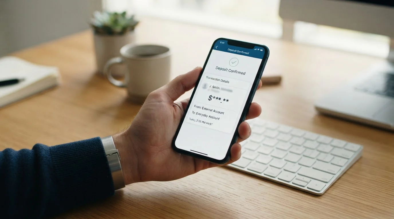 Banking transaction screen showing deposit confirmation with amount and timestamp