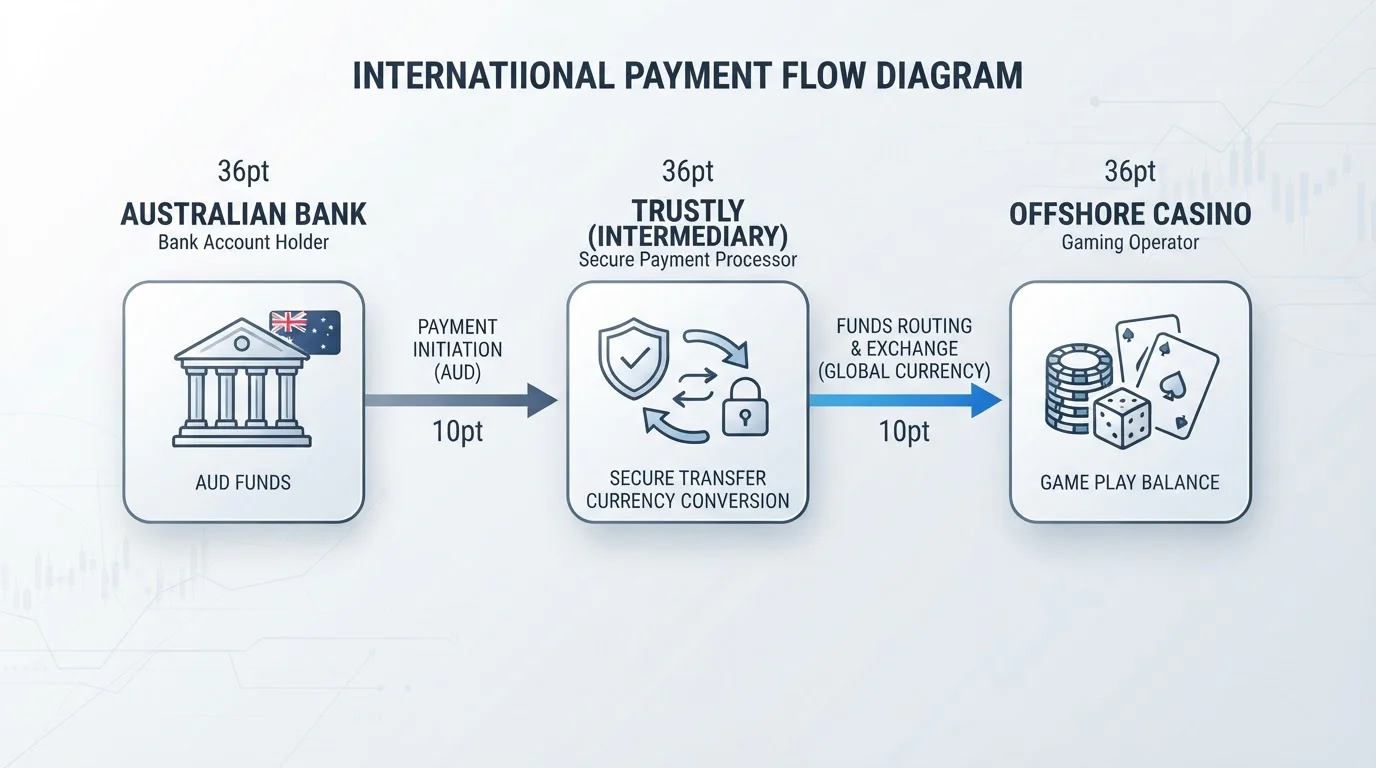 Diagram showing Trustly payment flow between Australian bank and offshore casino