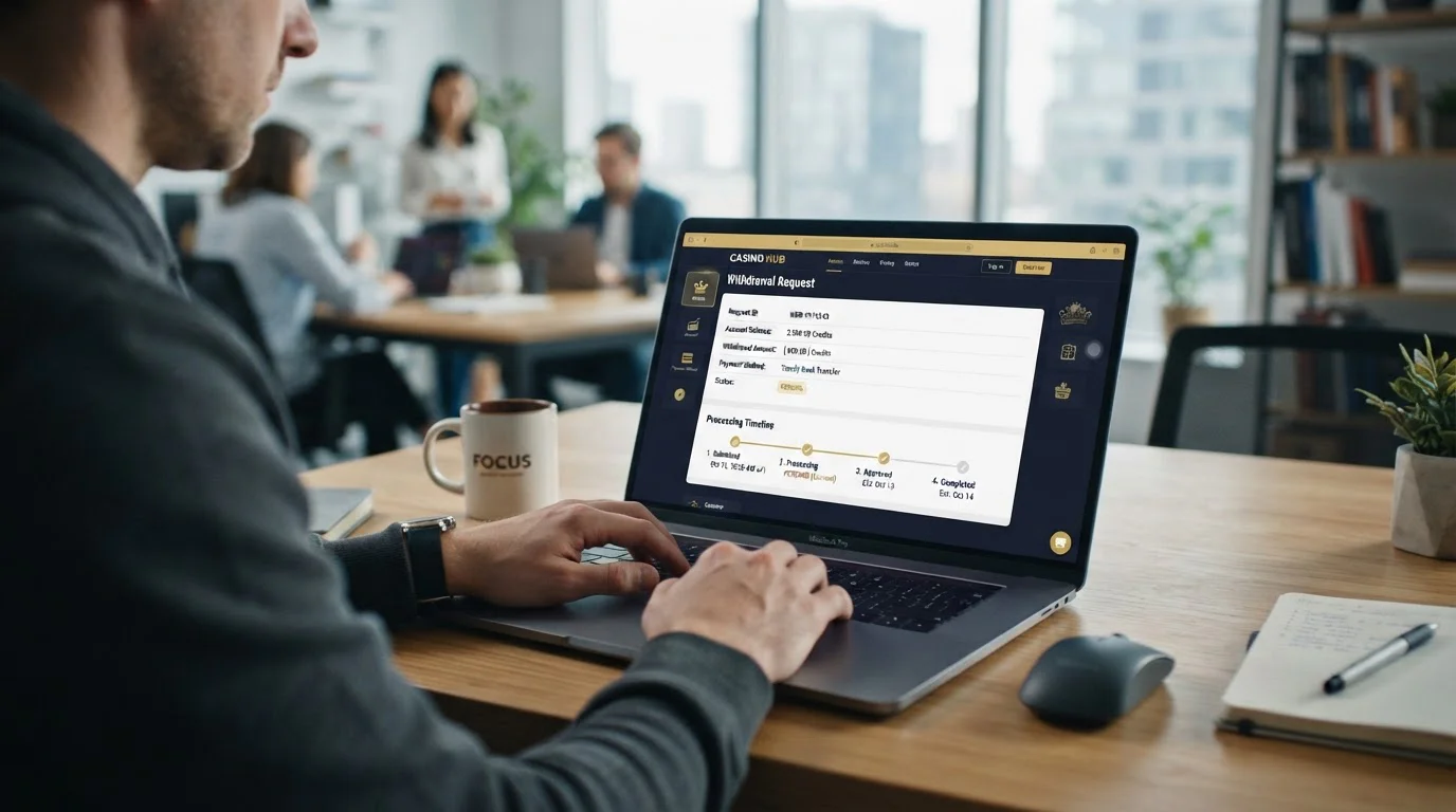 Casino withdrawal request screen with pending status and processing timeline