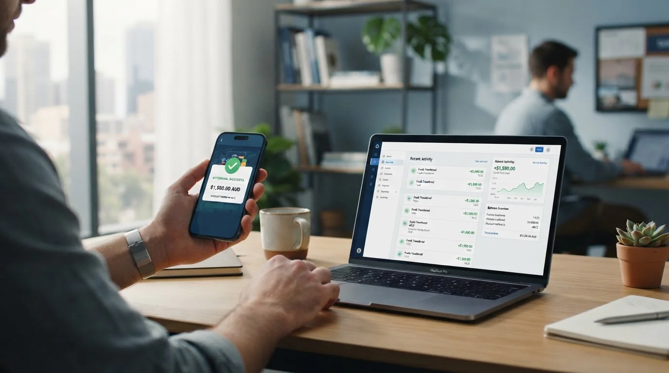 Person reviewing casino withdrawal confirmation on smartphone with laptop showing payment dashboard