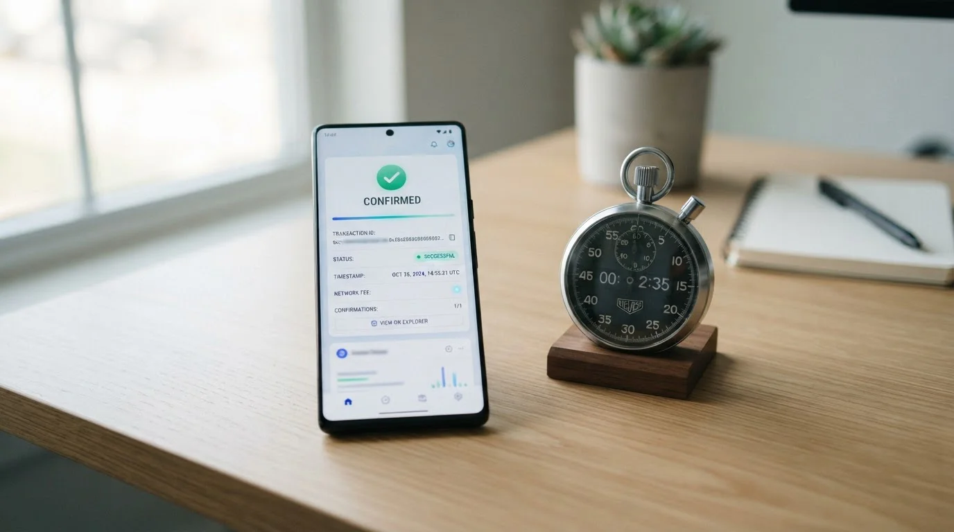 Stopwatch showing crypto withdrawal confirmation time with blockchain transaction receipt