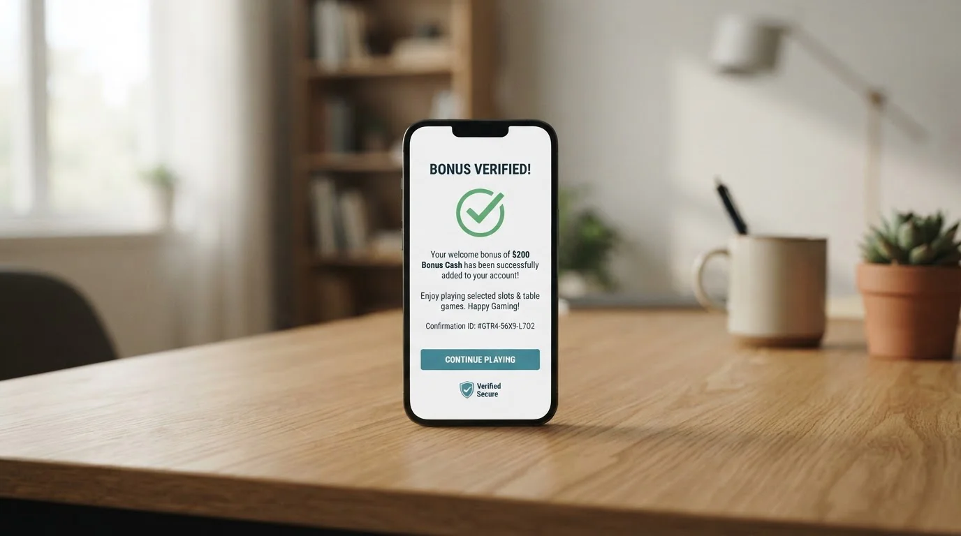 Smartphone displaying verified no deposit casino bonus offer confirmation screen