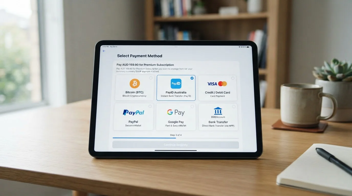 Multiple payment method icons - Bitcoin, PayID, e-wallet symbols on tablet screen
