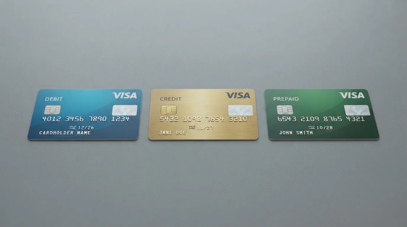 Three Visa card types side by side - debit, credit, prepaid