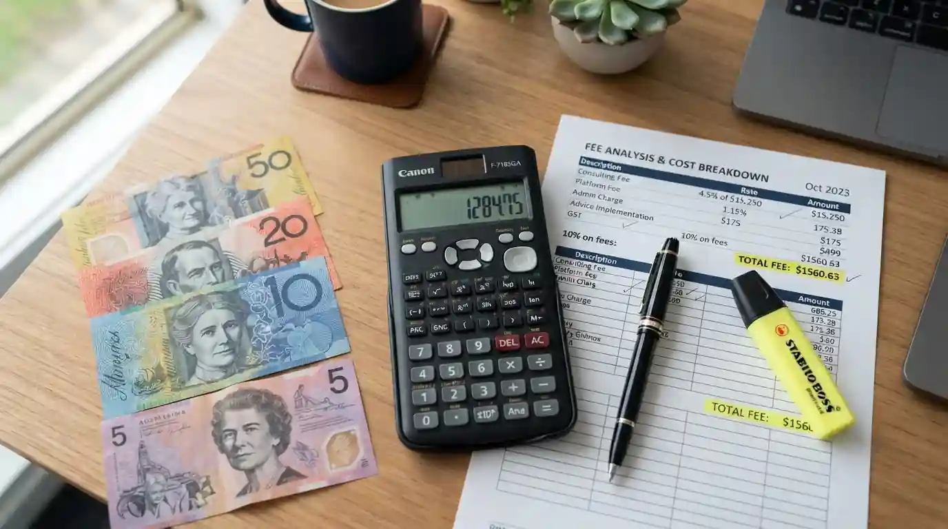 Calculator with Australian dollars and fee breakdown chart