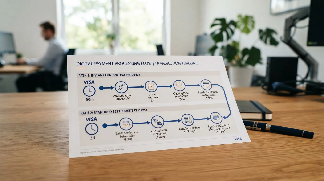 Timeline diagram showing Visa Direct 30 minutes vs standard refund 3 days