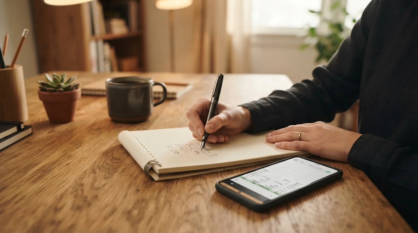 Person calculating wagering requirements with notepad and smartphone