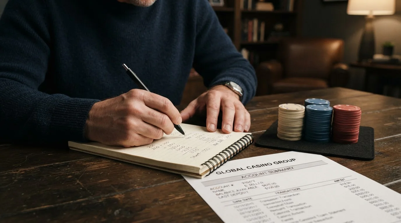 Person calculating wagering requirements on notepad with poker chips and casino balance statement