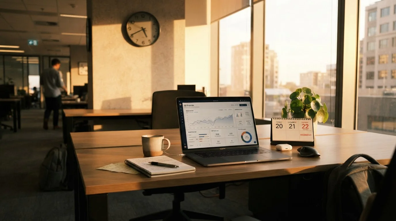 Office clock showing late Friday afternoon with weekend schedule calendar on desk