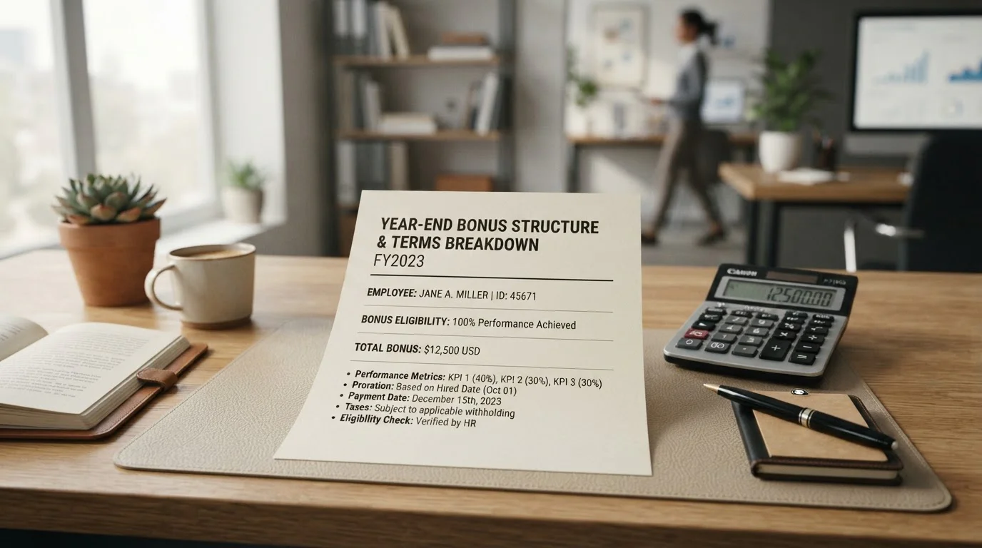 Clean document showing bonus terms breakdown with calculator and pen on desk