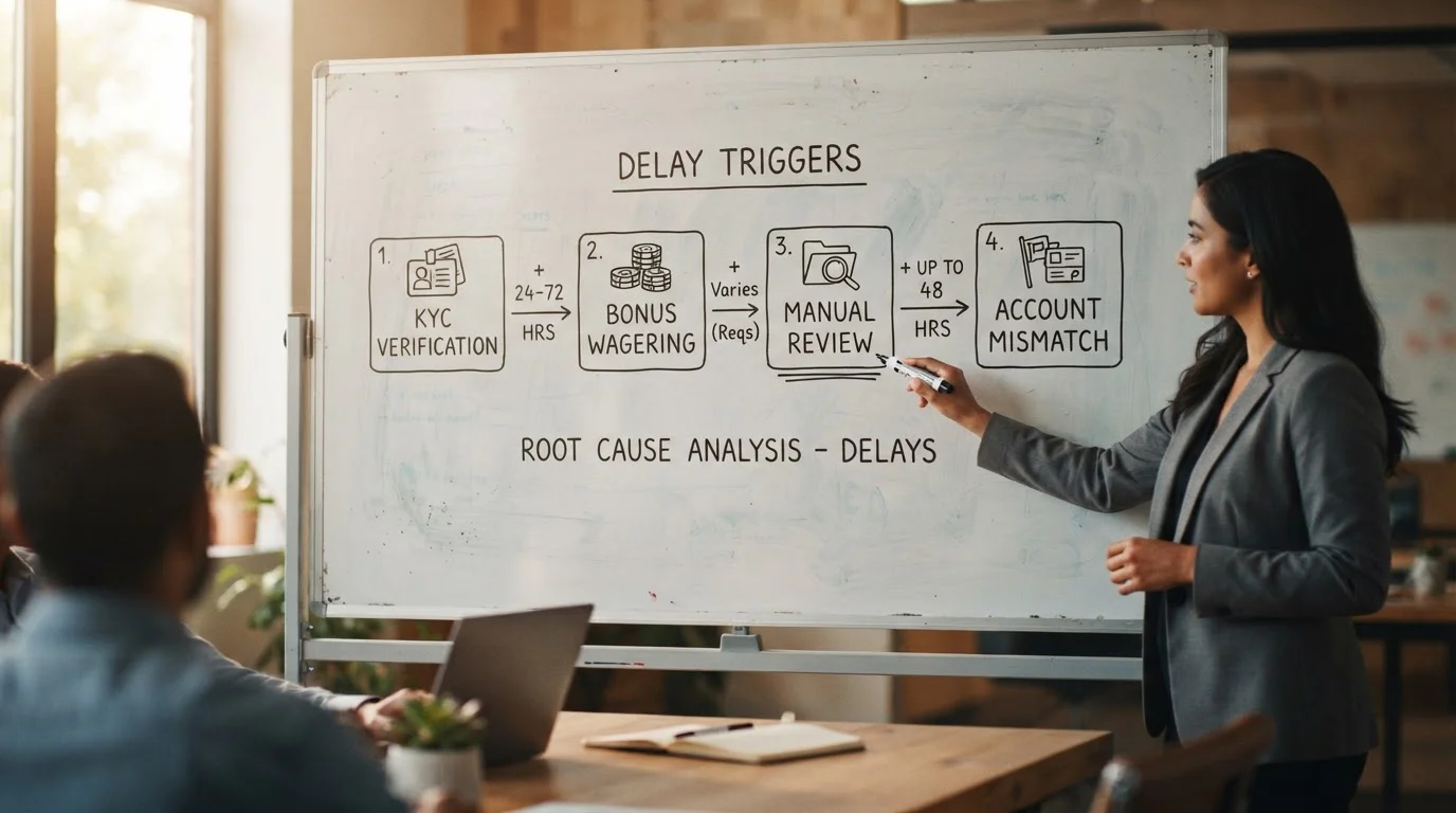 Diagram showing four delay triggers with timeline impacts KYC verification bonus wagering manual review and account mismatches