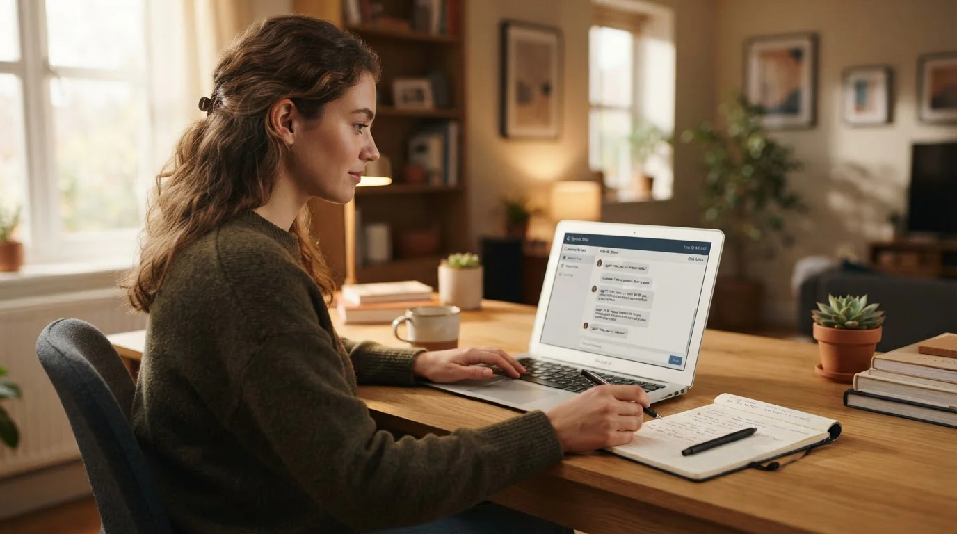 Person at laptop with customer support chat interface and notepad