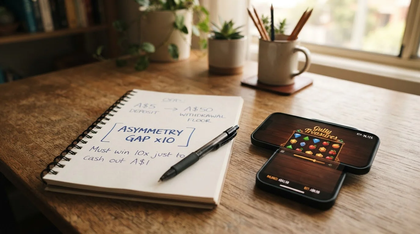 Notepad with handwritten calculation comparing A$5 deposit to A$50 withdrawal floor with smartphone showing pokie RTP