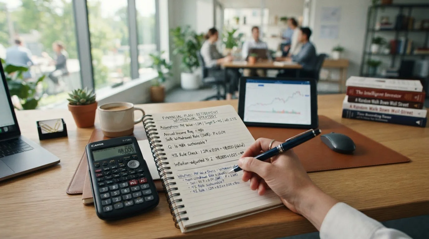 Calculator and financial notebook showing withdrawal limit calculations on desk
