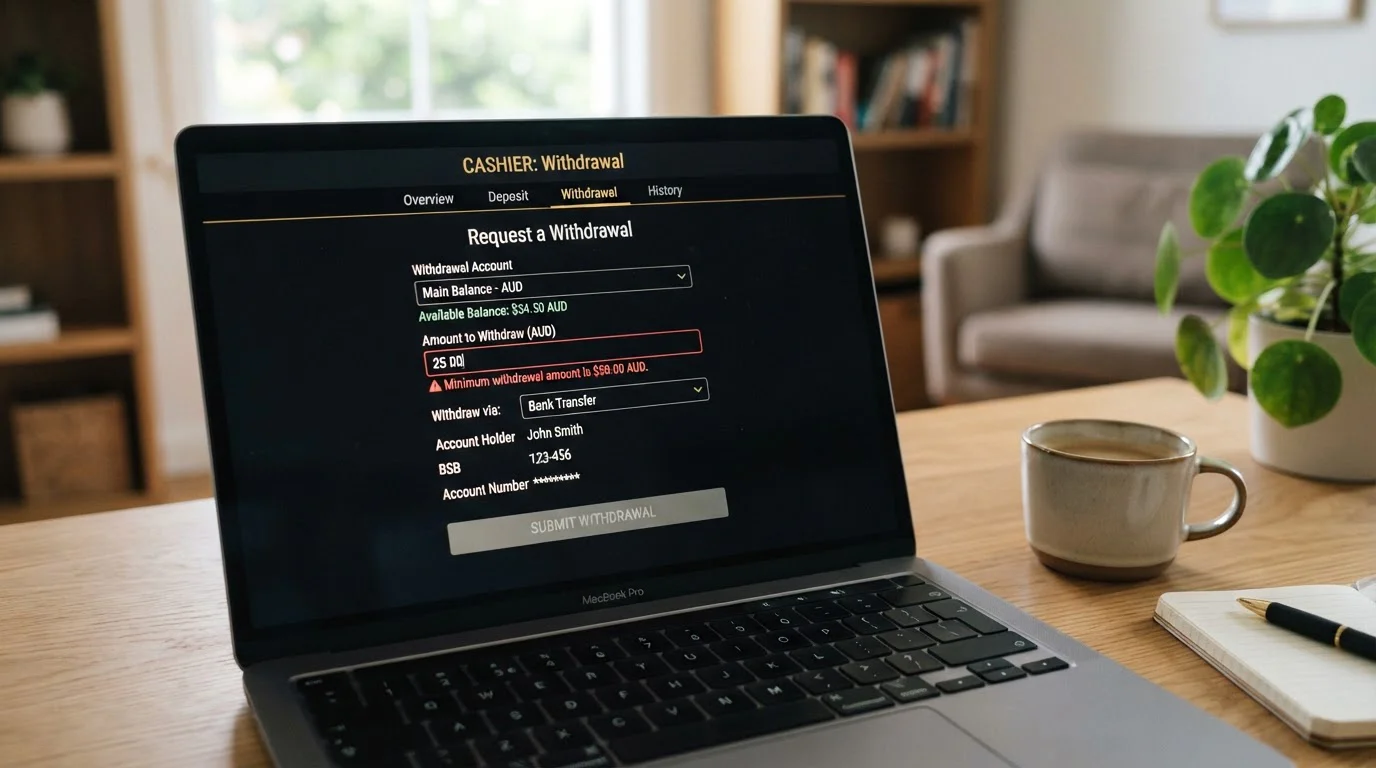 Casino cashier withdrawal interface on laptop screen showing withdrawal request form with minimum amount threshold message displayed