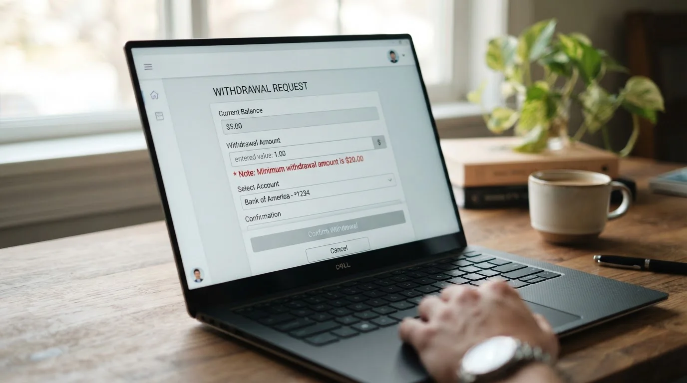 Withdrawal form showing $20 minimum threshold with $5 balance highlighted