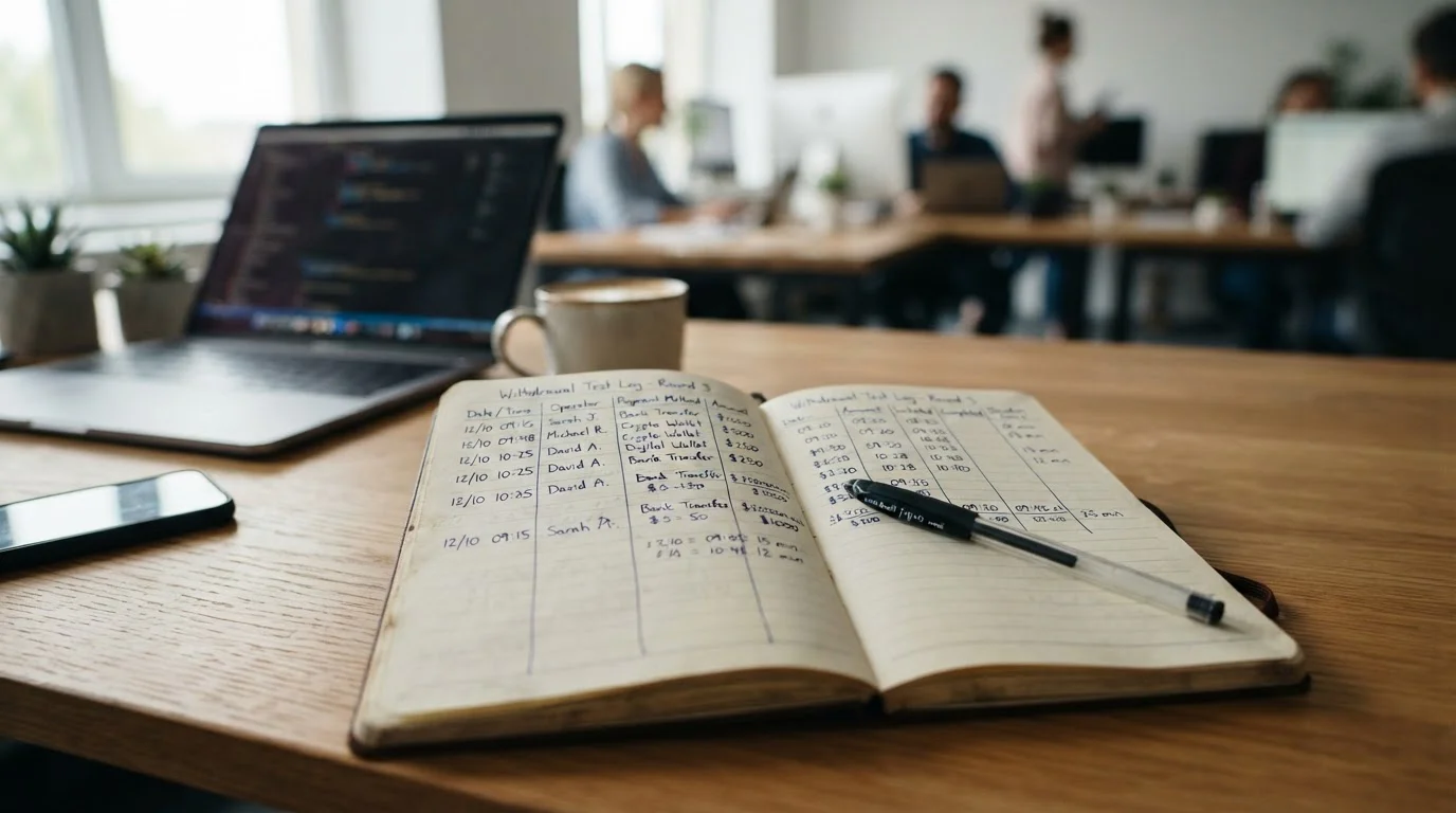 Notebook with withdrawal test results showing operator names, methods tested, and measured timeframes