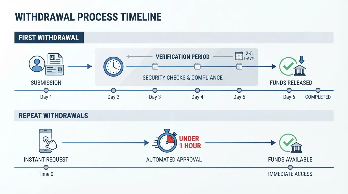 Timeline showing first withdrawal verification delay versus instant repeat cashouts